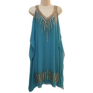 Cache NWT Aqua With Gold Beaded Sequin Chiffon Cocktail Dress Size 10